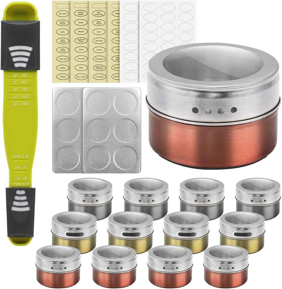 Magnetic Spice Tins, 12 Spice Jars, Organizer Storage with Spice Labels, 3 Colors Condiment Container, Clear Lid Kitchen Condiment Holder, Measuring Spoons & Sift Pour