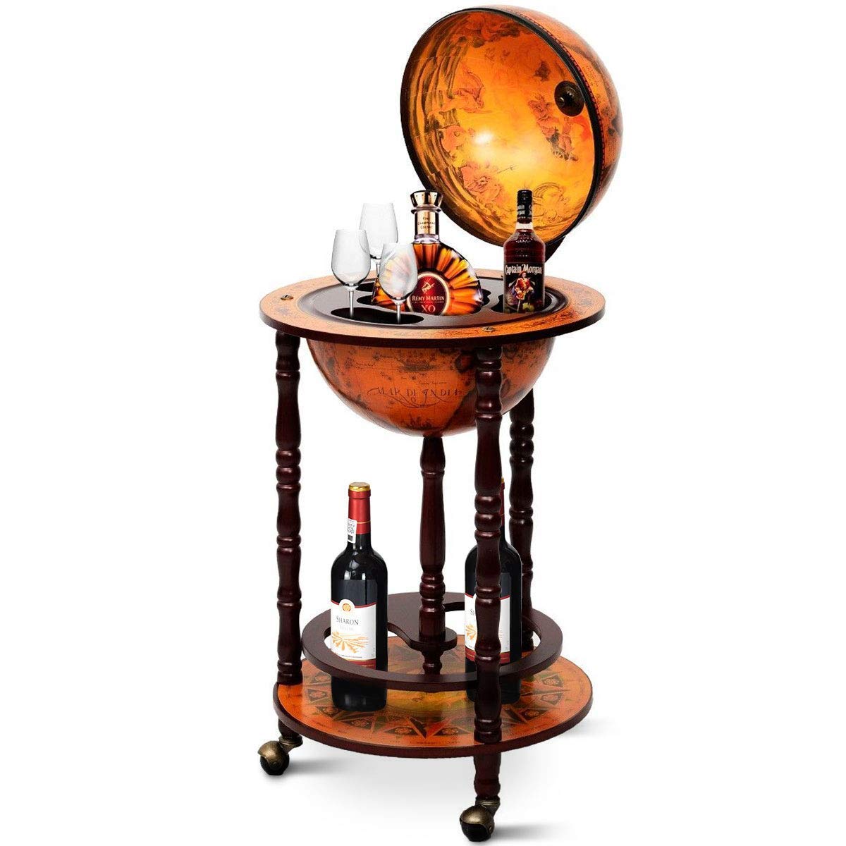 Mappamondo Bar con Ruote Mobile Porta Liquori, con Stile retrò, Marrone, 88 x 45 x 45 cm
