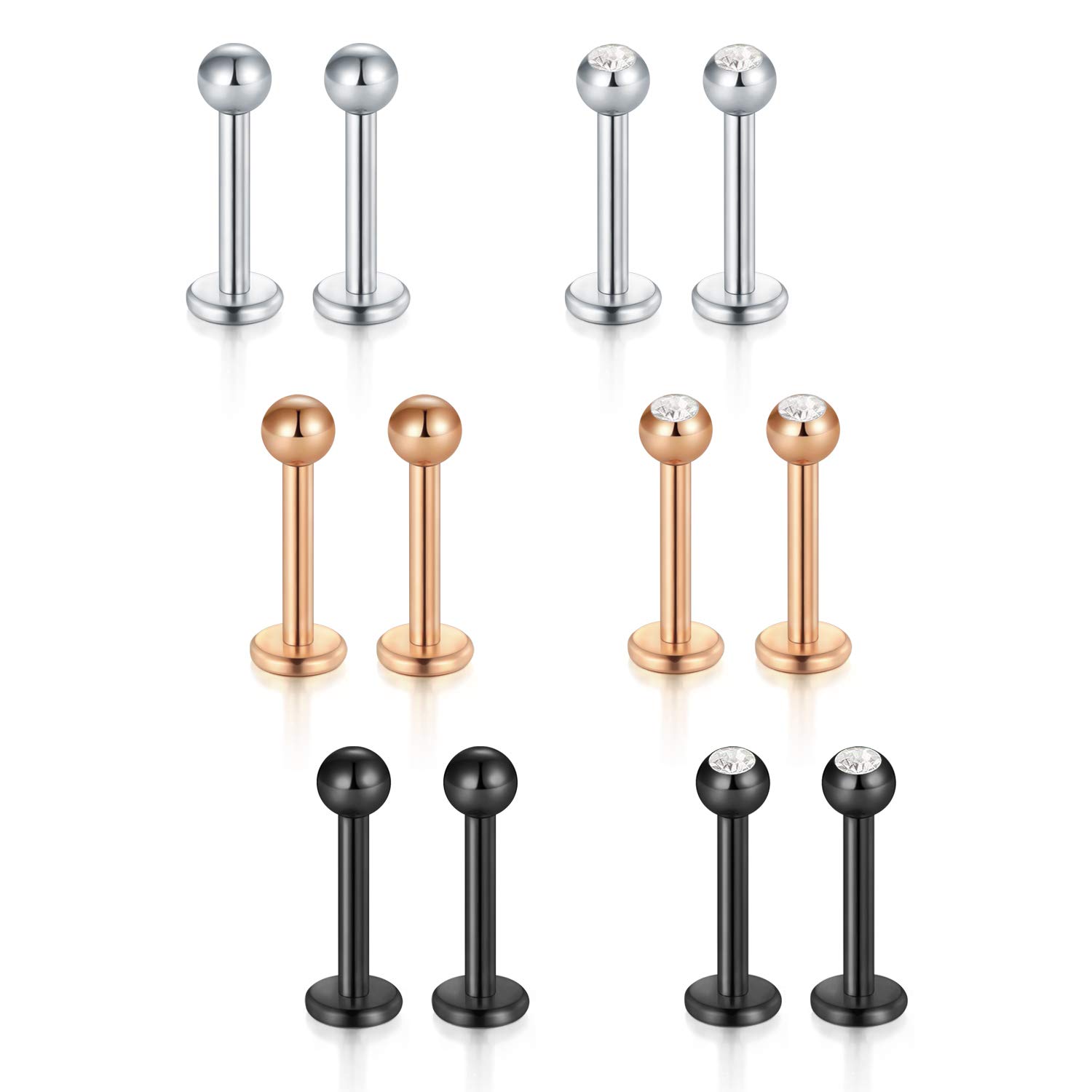 VCMART 6 Pairs Lip Labert Bars Stud Stainless Steel 1.2mm Tragus Helix Cartilage Earring Barbell Piercing Jewellery 6/8/10mm