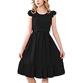 RETSUGO Girls Dresses Ruffle Sleeve Dress Flutter Hem A-Line Swing Pleated Tiered Casual Solid Color Party Dress 6-14 Years