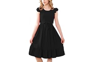 RETSUGO Girls Dresses Ruffle Sleeve Dress Flutter Hem A-Line Swing Pleated Tiered Casual Solid Color Party Dress 6-14 Years