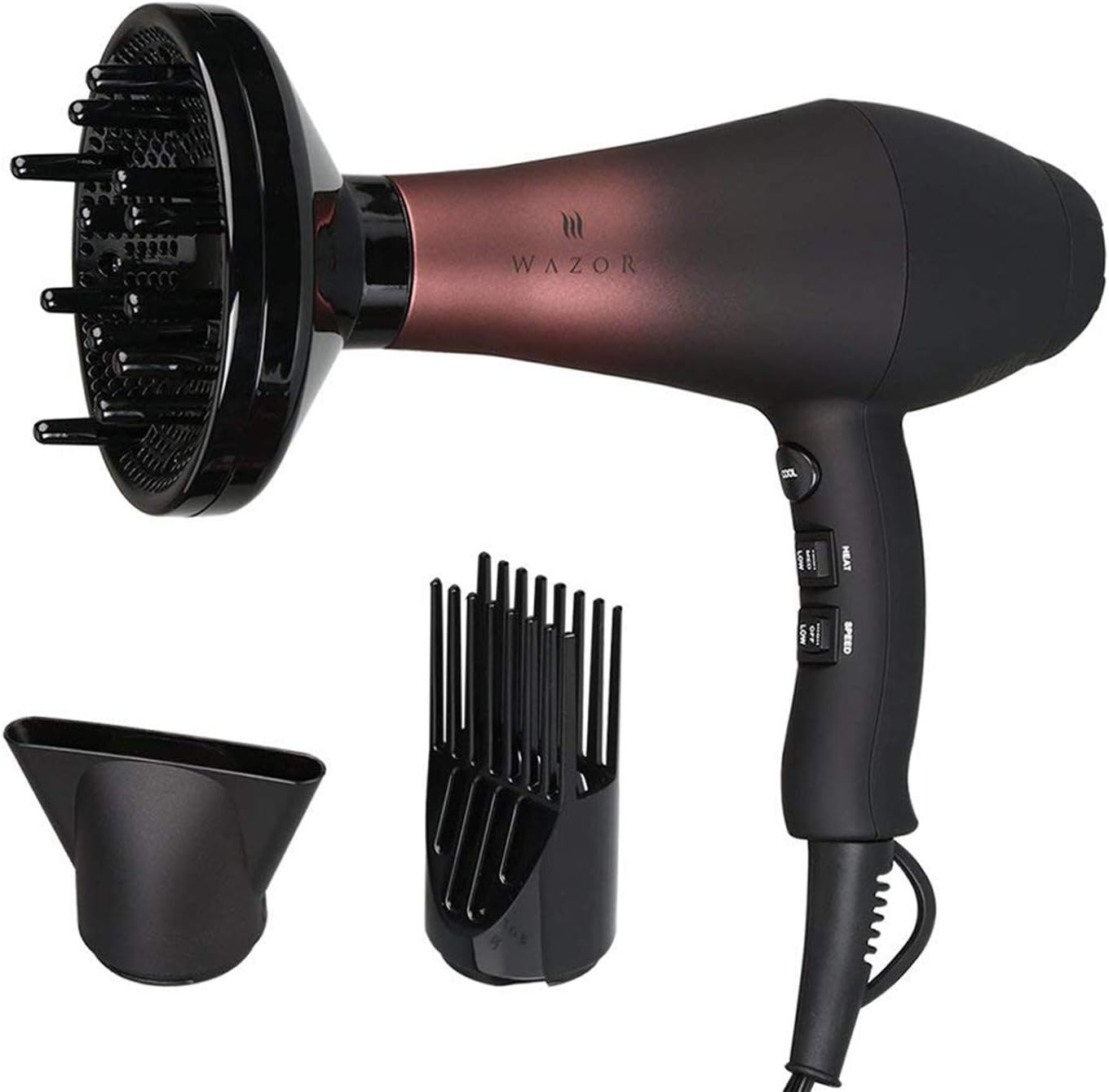 Wazor Professional Salon Powerful Hair Dryer Ionic Ceramic Tourmaline Blow Dryer with Comb Diffuser Concentrator Low Noise