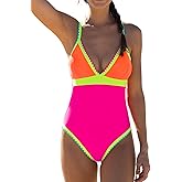 popvil One Piece Swimsuit 2025 Tummy Control Women Bathing Suit Shapewear Swimsuits Slimming Neon Cute Tie Back Swimwear