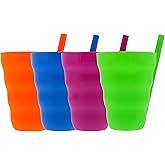 Bexter (Set of 4) Plastic Straw Cups with Built-In Straws – 22oz Stackable Plastic Tumblers – BPA-Free, Reusable Sip-A-Cup Drinkware – Dishwasher Safe – Water, Juice, Milk