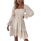 LYANER Women's Square Neck Lantern Long Sleeve Ruffle Shirred Flowy Party Mini Dress