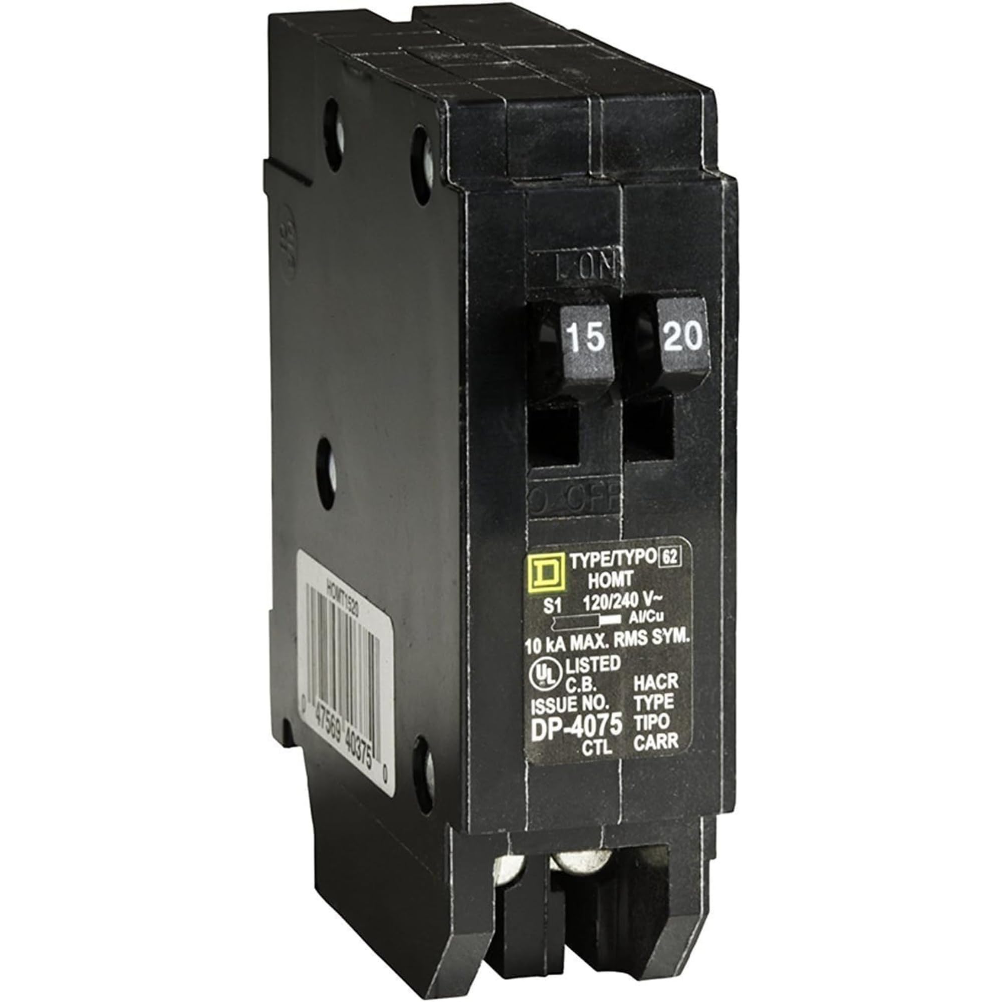 Photo 1 of Square D by Schneider Electric Homeline 15 Amp and 20 AmpTandem Circuit Breaker, 120/240VAC, 10kA Breaking Capacity, Plug in Mount, Standard Type, Residential Use (?HOMT1520CP)