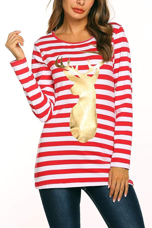 Qearal Long Sleeve Christmas Tshirt for Women Striped XMAS Print Holiday Blouse Top