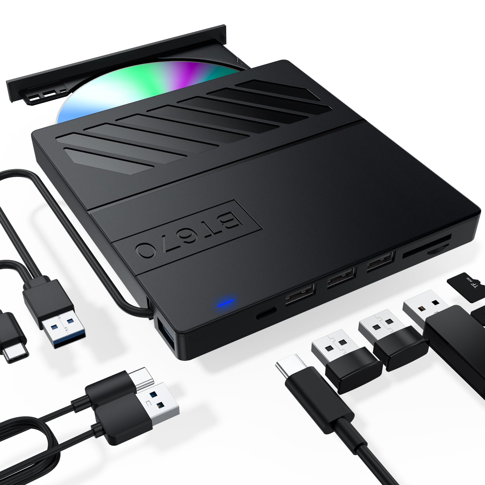 APPINESSEY External CD/DVD Drive for Laptop, 7 in 1 USB Ultra-Slim Portable CD/DVD Player Burner, Slot Type CD ROM Burner Writer External Disk Drive Compatible with Laptop PC MacBook Windows Linux