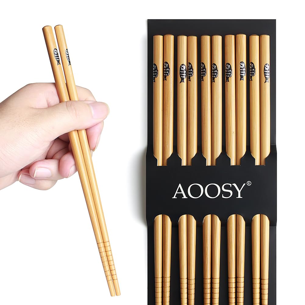 AOOSY 5 Pairs Japanese Style Bamboo Chopsticks Reusable Chopsticks with Box 22.5 cm, Dishwasher Safe Chopsticks