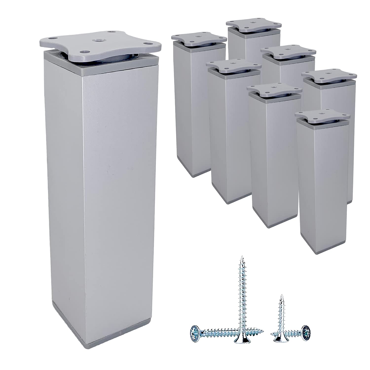 Diforma (Pack of 8 pcs) Height Adjustable Furniture Legs Angular Profile: 40 x 40 mm, Material: Plastic, Aluminium, Screws Included (8, 15 cm Height)