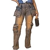 Women's Novelty Fashion Zip Side Slit High Waist Denim Jeans Pants with Multi Pockets