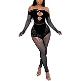 WE OWN Black Fishnet Mesh Bodysuit, Off Shoulder Long Sleeve Jumpsuit, Cut-Out Detail