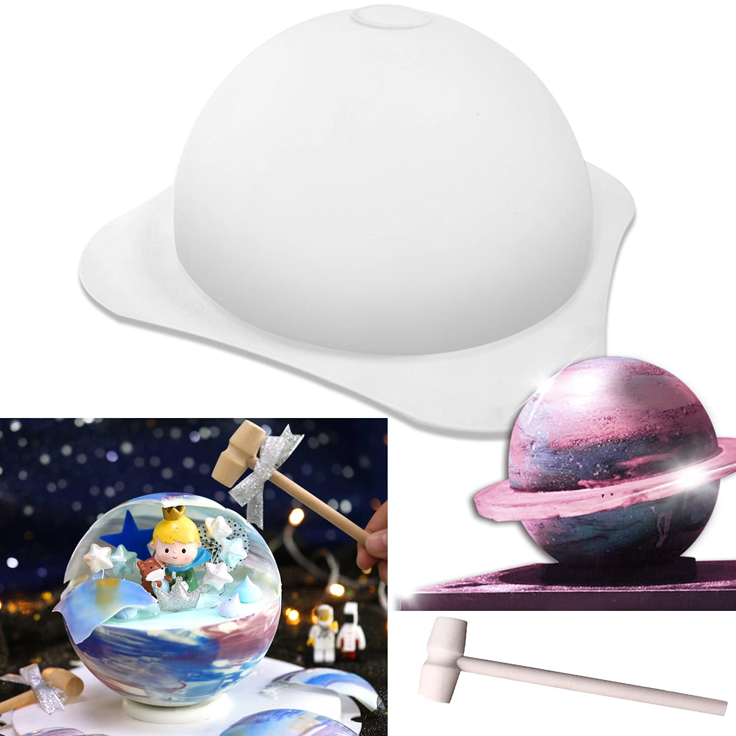 Large Silicone Planet Mousse Mold,Cake Fondant Chocolate Baking Mould + 2X Wooden Hammer Ice Cube Tray Soap Making Molds Non Stick Round Ball Dessert Jelly Candy Pan Kitchen Baking Tool DIY