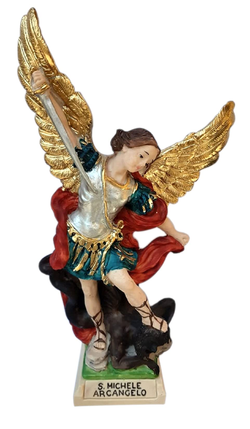 Saint Michael the Archangel Statue -Hand painted Figurine with crown, sword and golden wings - H 9.4 in