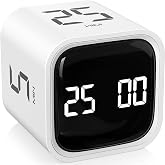 Rotating Productivity Timer 5/25/10/50, Desk Flip Timer for ADHD, White | Countdown/Stopwatch Cube Timer, Vibration/High/Low Volume/Custom Modes, for Work Study, Back to School, Kitchen