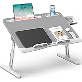 Laptop Bed Desk, X-Large Leather Adjustable Computer Bed Table Tray, Foldable Laptop Lap Desk for Bed Sofa Couch Floor Writing Eating Working with Drawer 2 Movable Stoppers (23.6 inch, Grey)