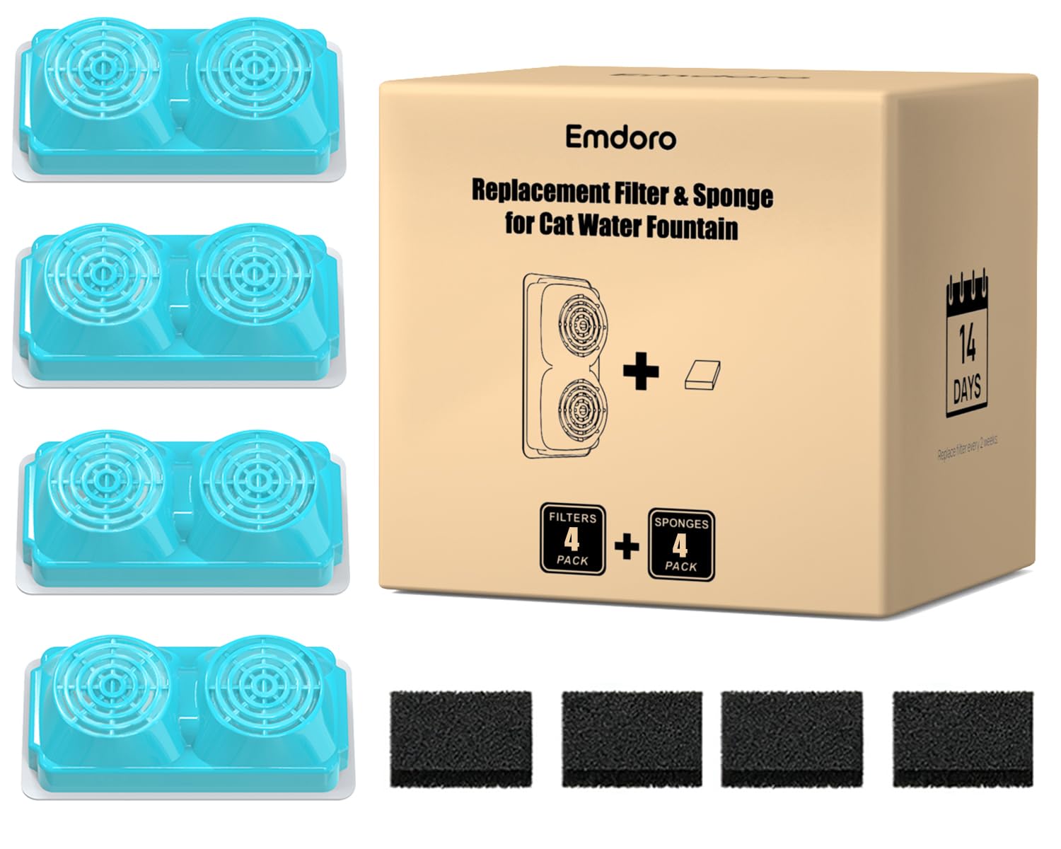 Photo 1 of 4 Pack of Emdoro Official Replacement Filters and Sponges (2 Months Set) for Stainless Steel Cat Water Fountain