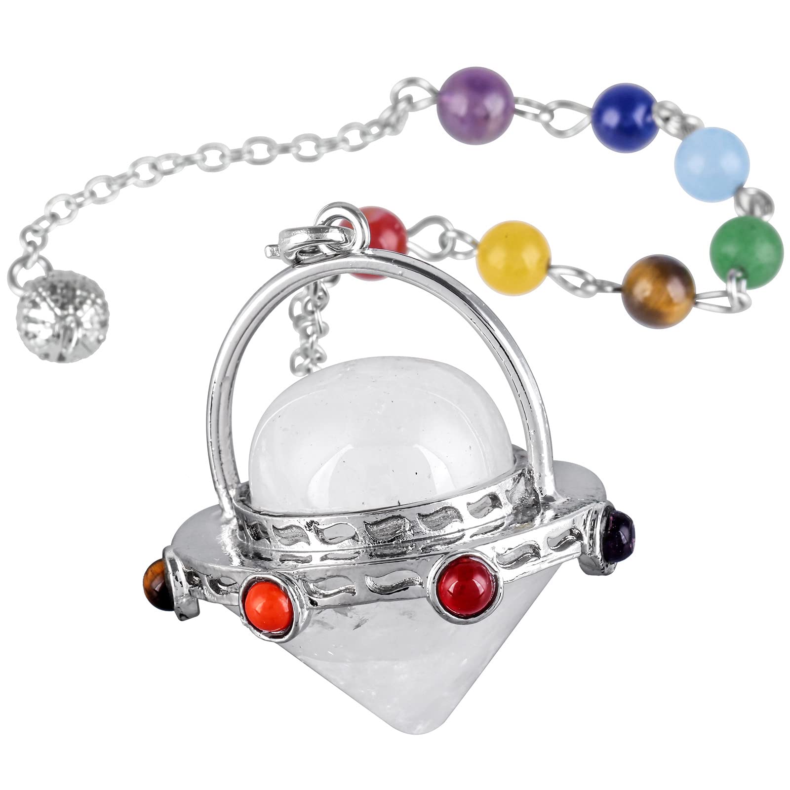 Nupuyai 7 Chakra Rock Crystal Quartz Point Pendulum for Divination Dowsing Scrying, Energy Healing Stone Pendulum with Beads Chain