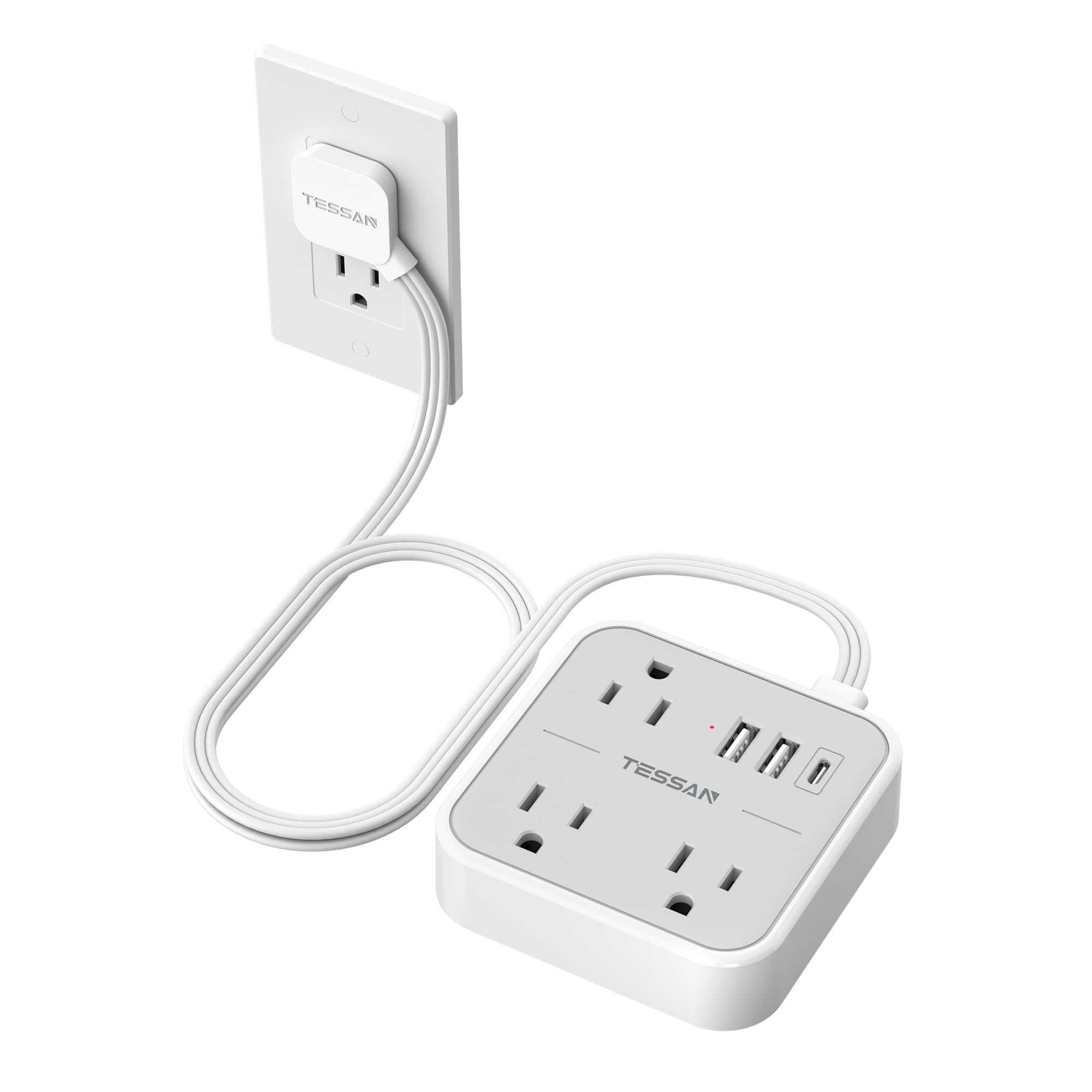 Short Extension Cord with Multiple Outlets 3 FT, TESSAN Small Flat Plug Power Strip with 3 USB (1 USB C) and Multi Outlets, Surge Protector Charging Station for Office, School, Dorm Room Essentials