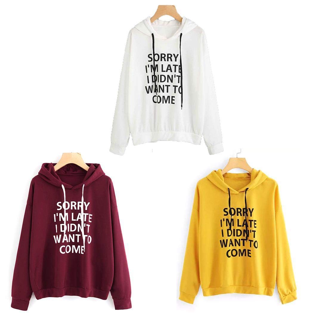 codemack Women Fashion Letter Print Long Sleeve Pullover Hooded Loose Sweatshirts Top Fashion Hoodies Wine Red