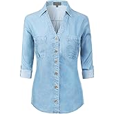 MixMatchy Women's Casual Basic Roll Up Sleeve Denim Chambray V-Neck Tencel Button Down Shirt