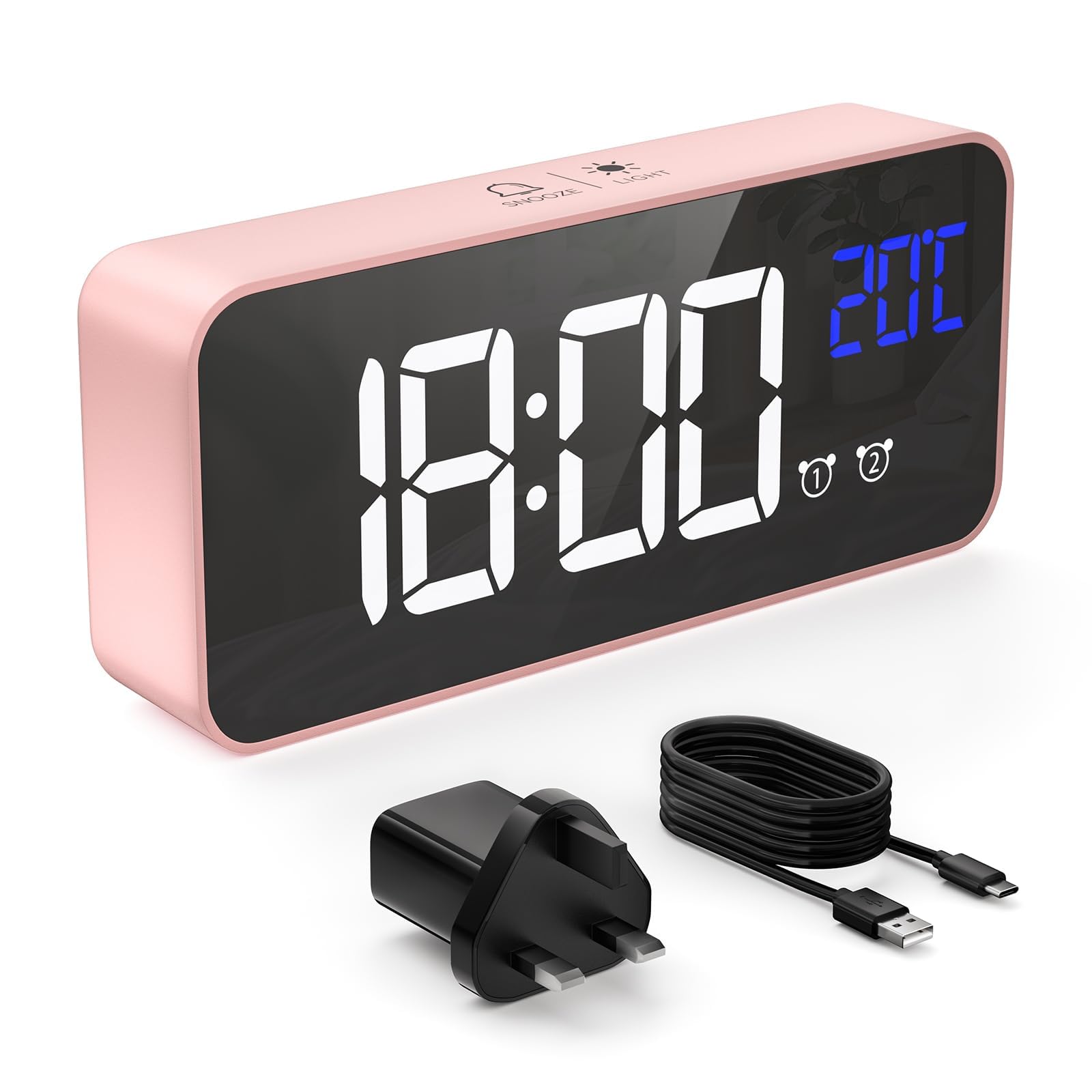 HERMIC Alarm Clock, Digital Clock USB Rechargeable with Temperature Display, Snooze, Dual Alarms for Bedroom, Bedside, Office& Travel(Adapter Included) (Pink)