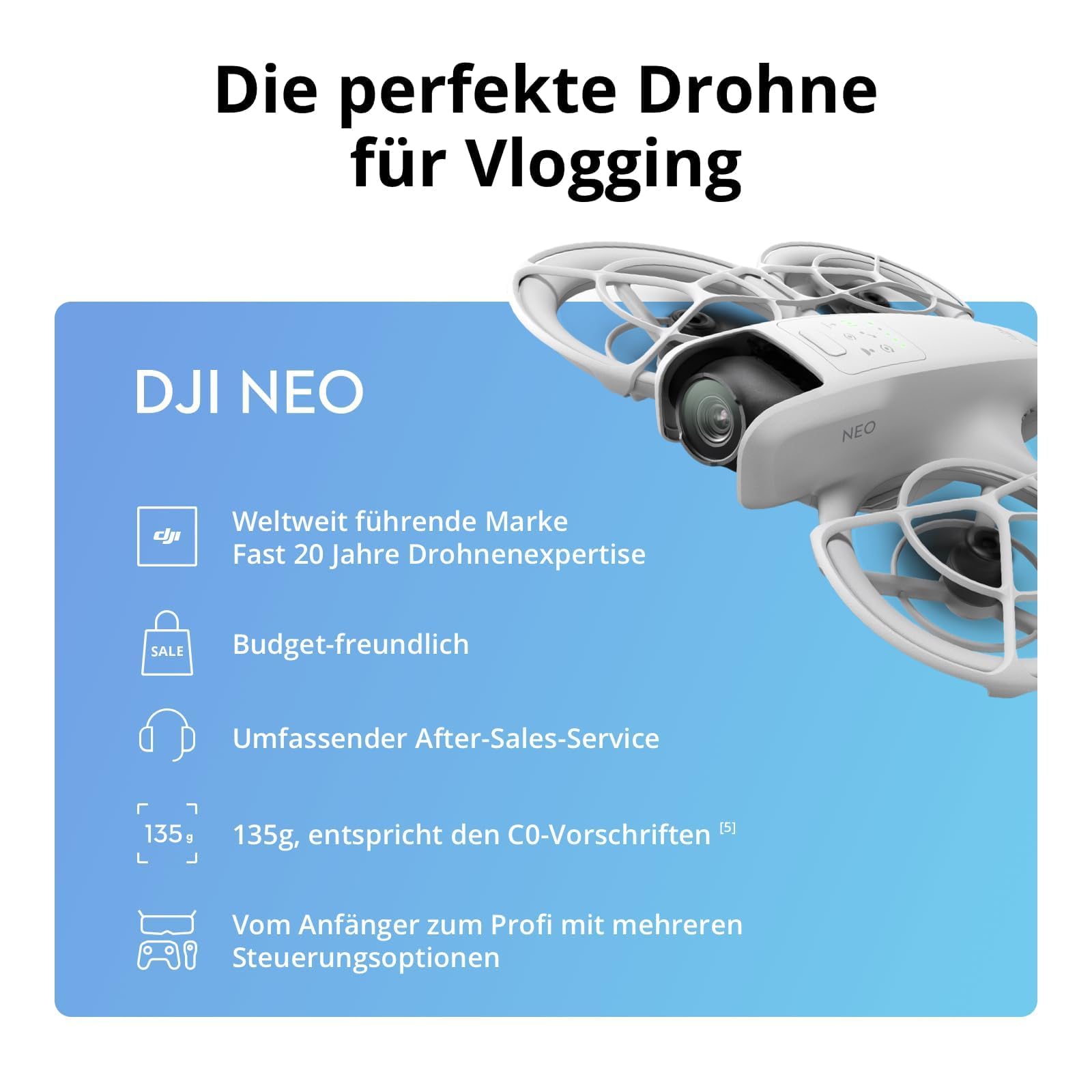 DJI Neo, Mini Drohne mit Kamera 4K UHD Für Erwachsene, 135g, Selbstfliegende Drohne, Motivverfolgung, Handstart, QuickShots, Integrierter Propellerschutz, Quadrocopter, Ohne Controller 8
