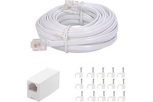 Vthahaby 20 Feet Long Telephone Extension Cord Phone Cable Line Wire, with Standard RJ11 Plug and 1 in-Line Couplers and 15 Cable Clips - White
