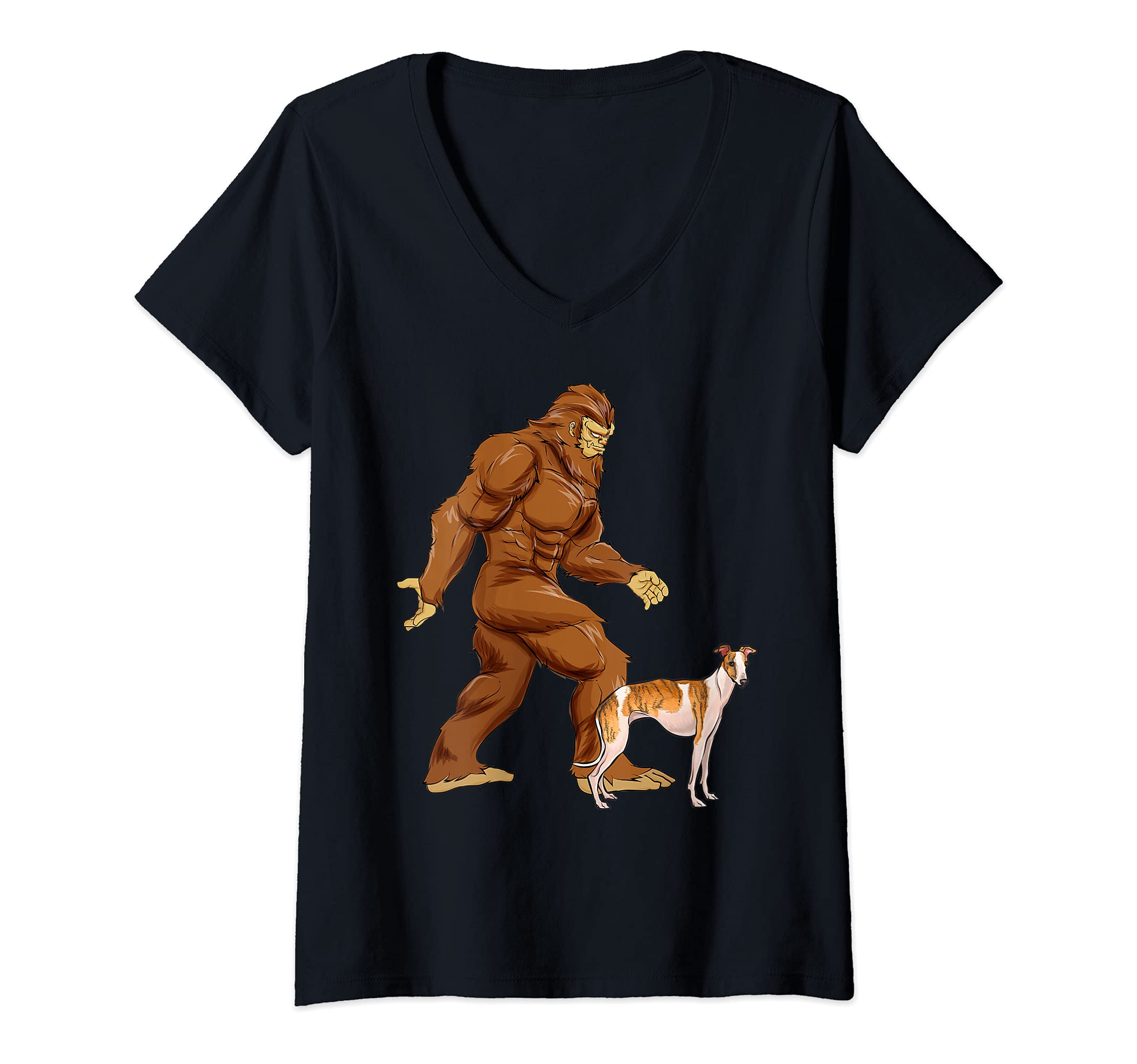 Womens Funny Bigfoot Walking Whippet Sasquatch Dog V-Neck T-Shirt