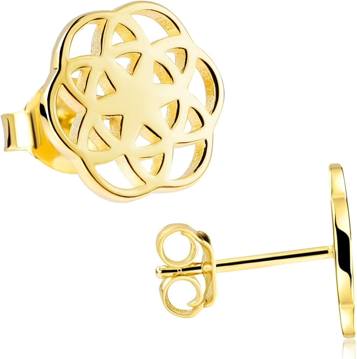 Materia Flat Stud Earrings 925 Silver Women's Mandala Earrings, Flower of Life, 10 mm, Round, Rhodium-Plated or Gold-Plated Gold