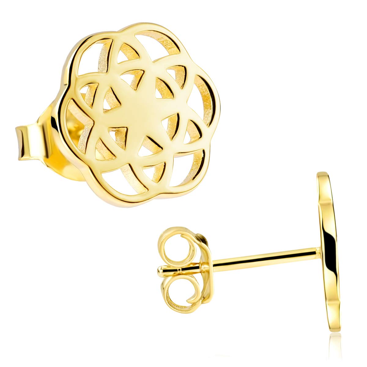 Materia Flat Stud Earrings 925 Silver Women's Mandala Earrings, Flower of Life, 10 mm, Round, Rhodium-Plated or Gold-Plated Gold