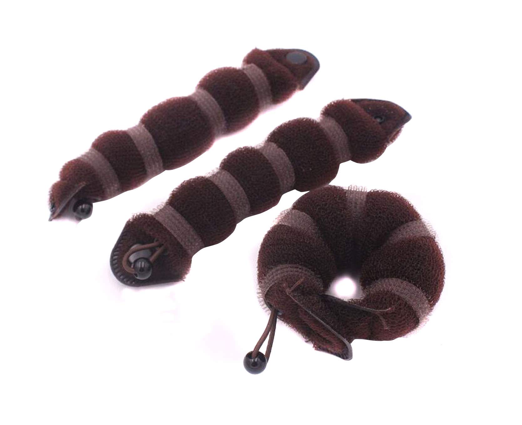 Set of 3 Magic Hair Styling Styler Hot Hair Donut Bun Ring Styler Maker Hair Clip Curler Tools Accessories (1 large+2 small) (Brown)