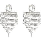 Denifery Rhinestone Tassel Earrings Bohemian Fringe Chandelier Earrings Long Rhinestone Earrings Statement Drop Earrings Fashion Jewelry for Women (White)
