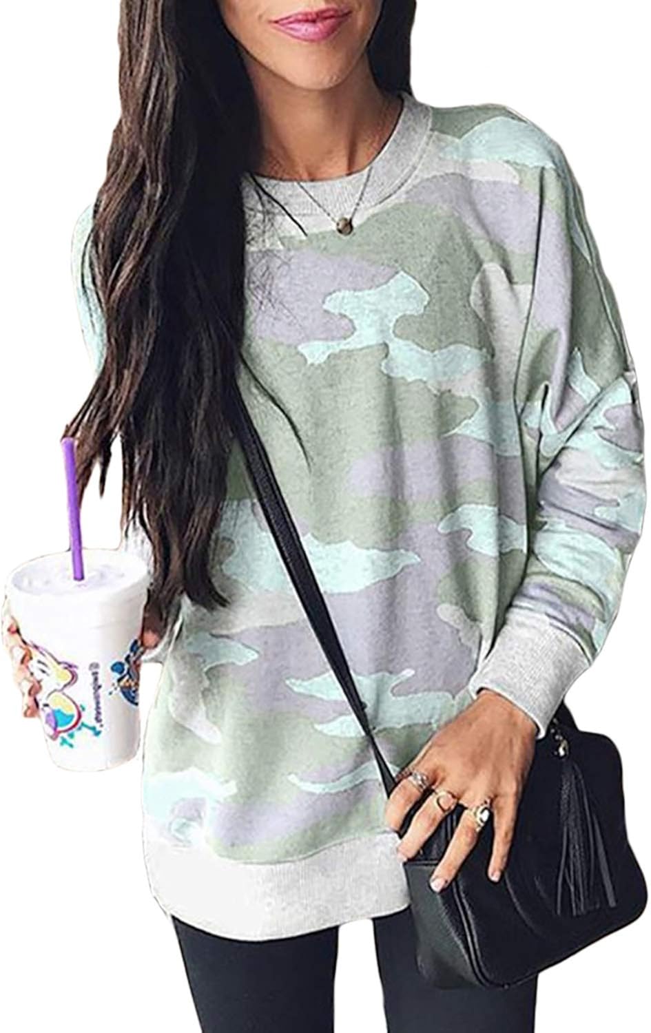 Sidefeel Women Long Sleeve Crewneck Pullover Camo Print Sweatshirt Jumper Top at  Women’s Clothing store
