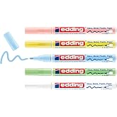 edding 751 gloss paint marker set - white, yellow, green, rose, blue (pastel) - 5 paint markers - round nib 1-2 mm - paint pen for glass, pebbles, wood, plastic, paper - waterproof, high coverage