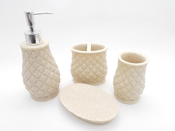 TOTO DEALS Bathroom Sanitary Set made from Natural Brown/Sand Stone - Bath Accessories set of 4 includes Soap Dispenser, Toothbrush Holder, Utility and Soap Dish