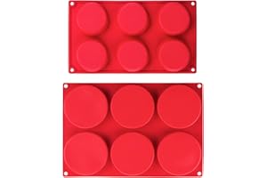Webake Silicone Molds for 3 Inch and 4 Inch Round Disc Pan for Cake, Muffin Top, Bun, Custard, Tart, Resin Coaster, 6 Cavity, Red Set of 2