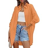 FSHAOES Womens Oversized Button Down Shirts Casual Loose Long Sleeve Solid Lapel Long Blouses Tops with Pockets