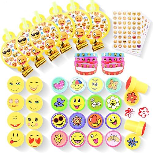 232Pcs Emoji Party Supplies, 192Pcs Emoji Stickers Party Favors, 18Pcs Emoji Stamps, 8Pcs Emoji Erasers, 8Pcs Emoji Bracelets, 6Pcs Emoji Party Props Decoration Kids Birthday, Prizes Toys Gifts