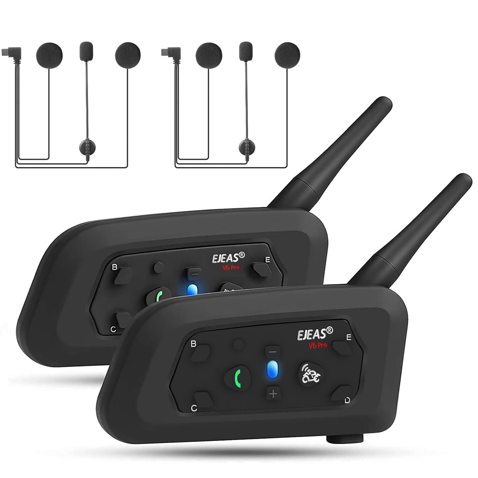 EJEAS V6 Pro+ Motorcycle Helmet Bluetooth Intercom, Upgraded Bluetooth 5.1 Motorbike Riding Communication System with Type-C Interface for 6 People Connected & 2 People Intercom (2 Pack)