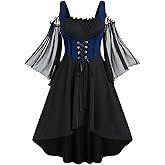 ROSE GAL Women Plus Size Punk Cold Shoulder Flare Sleeves Lace Gothic Dress