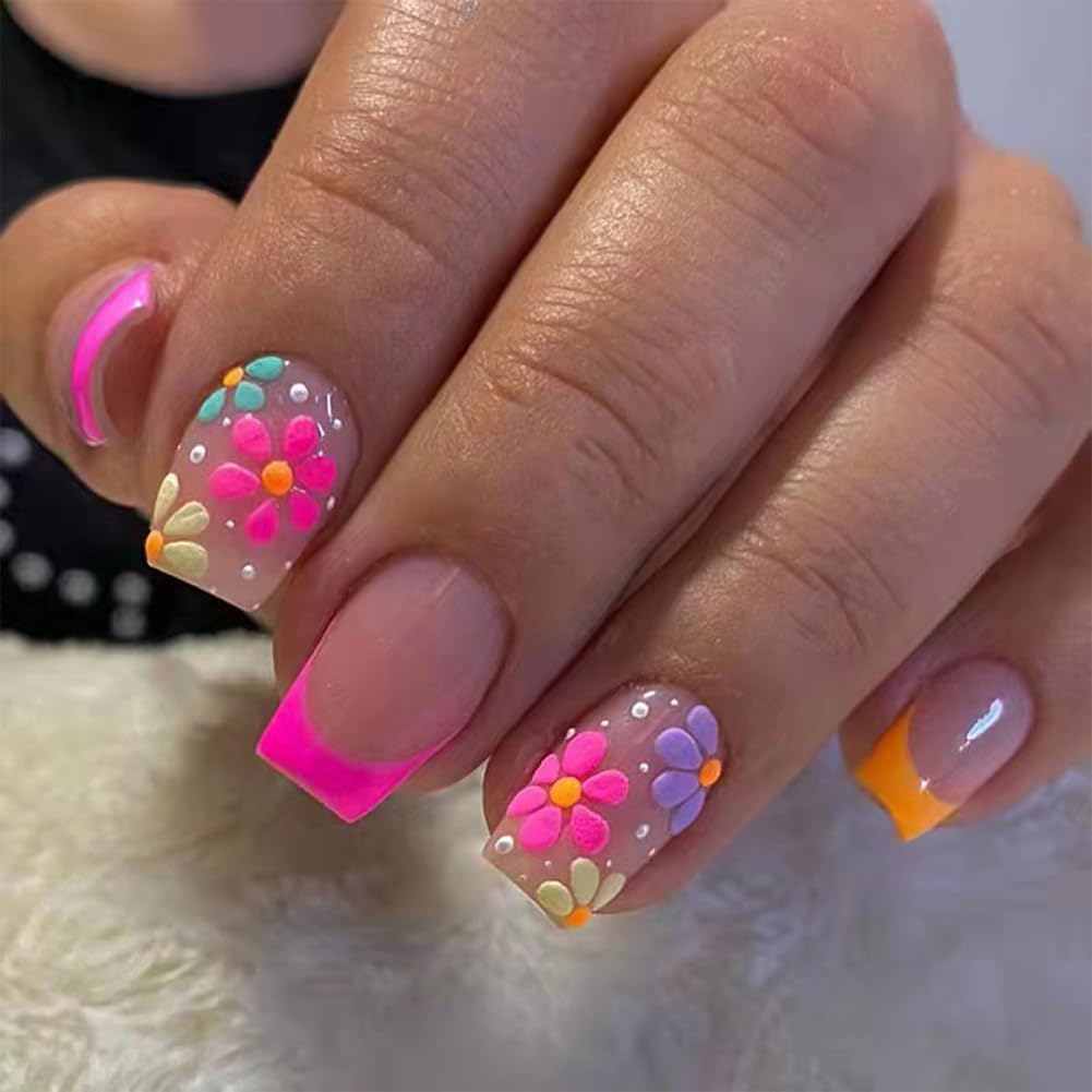 Photo 1 of 2 Pack Acrylic Press on Nails Medium Square Fake Nails RUPOFUZA Red French Tip False Nails with Multicolor Flower Relief Press ons Designs Nails Press on Artificial Nails Stick on Nails for Women 24Pcs