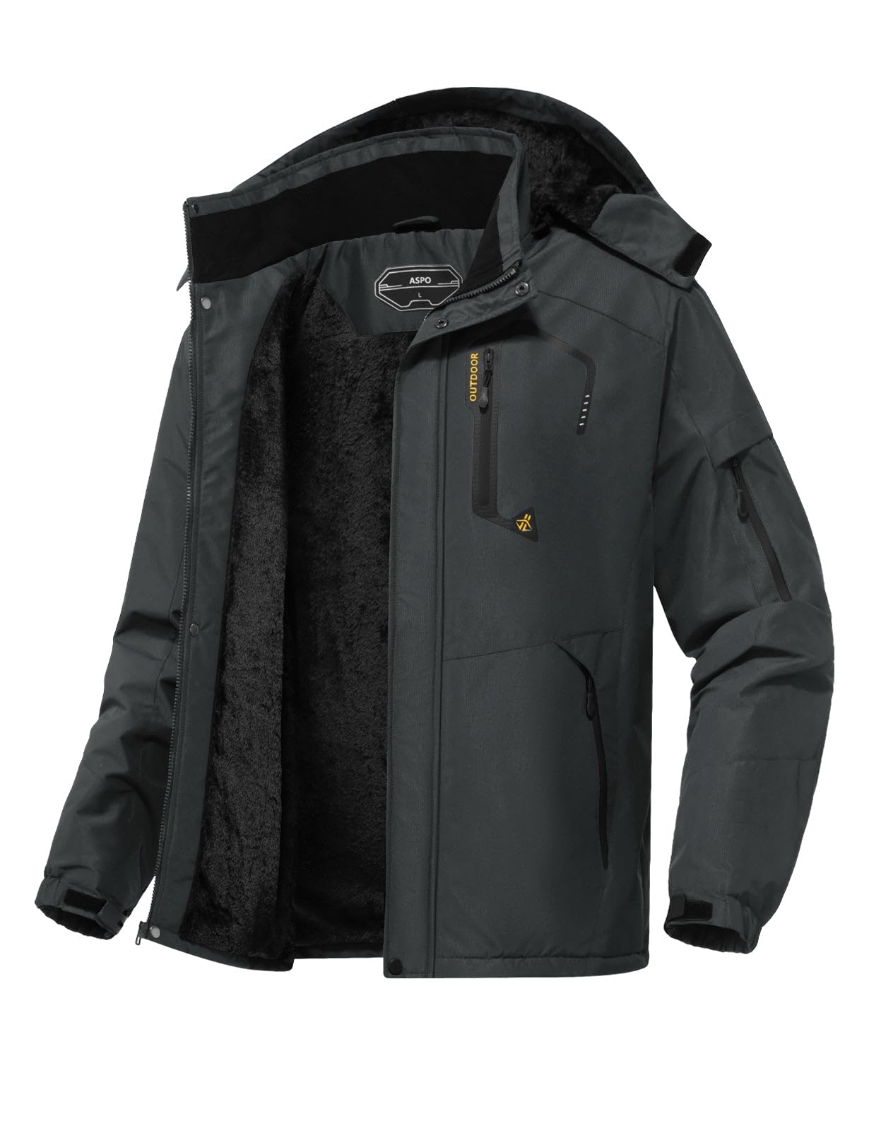 Photo 1 of ASPO Men's Winter Ski Jacket Warm Waterproof Snow Coat Fleece Lined Snowboard Jackets Insulated Windbreaker with Hood Dark Grey S