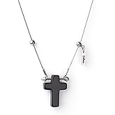 LAFORTISART Black Obsidian Cross Necklace for Men Boys, Protection Crystal Crucifix Necklace, Adjustable 16~30 Inches Stainless Steel Pendant Chain for Men, Gifts for Christians
