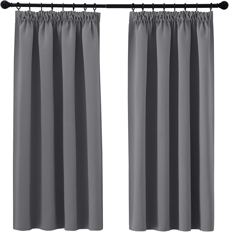 PONY DANCE Grey Blackout Curtains Pencil Pleat Thermal 2 Panels W42 x L54