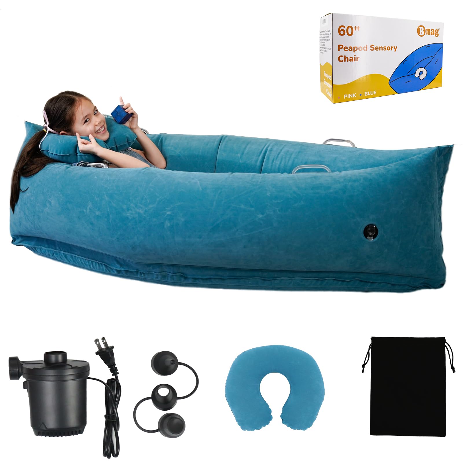 Photo 1 of Bmag Sensory Chair for Kids, Inflatable Peapod Canoe with Neck Pillow, 60" Sensory Pod Seating ADHD Toy Gift for Autistic Children, Includes Electric Air Pump, Blue