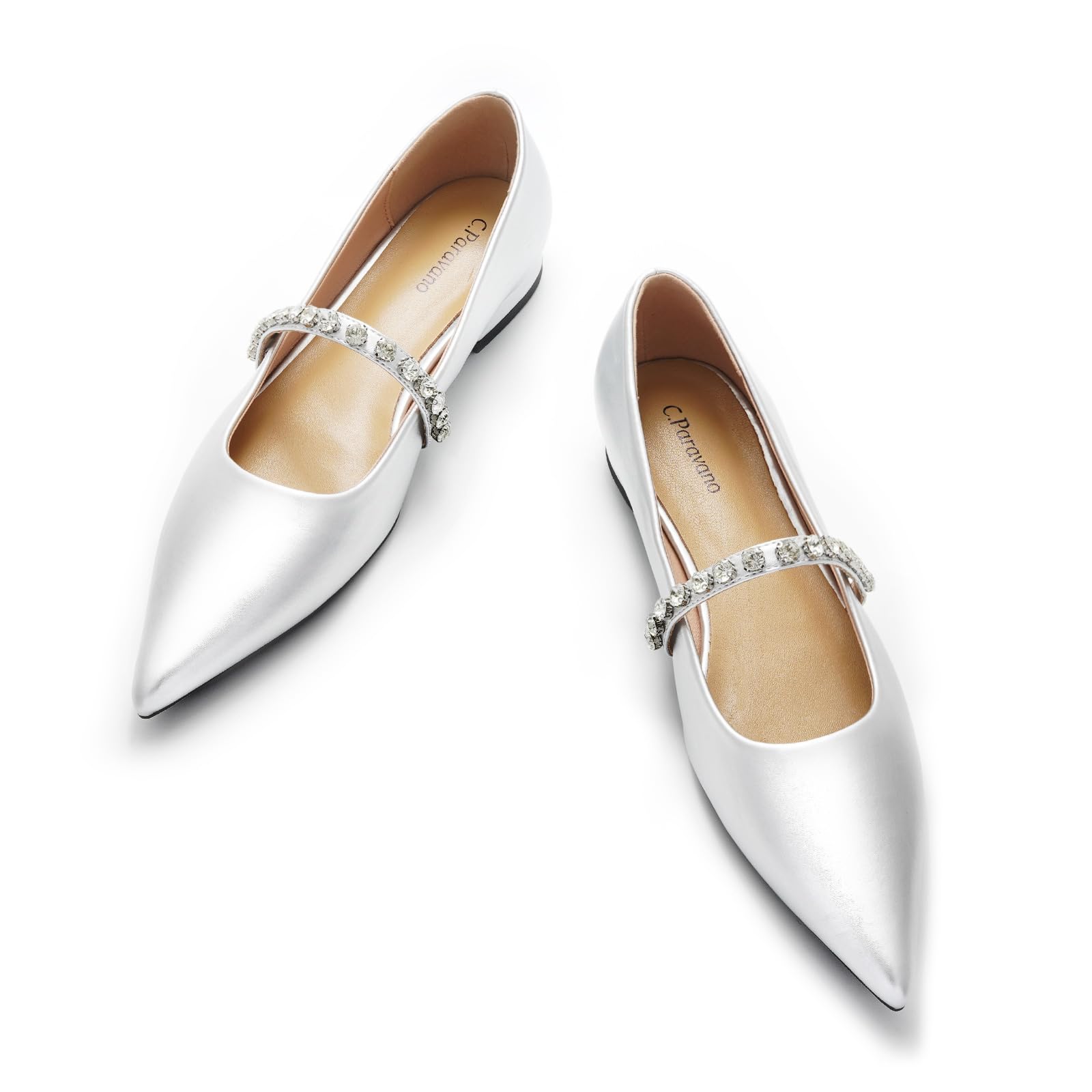 Photo 1 of C.Paravano Crystal Strap Flats Pointed Toe Shoes Mary Jane Women's Flats for Dressy Office Causal (Size 9,Silver)