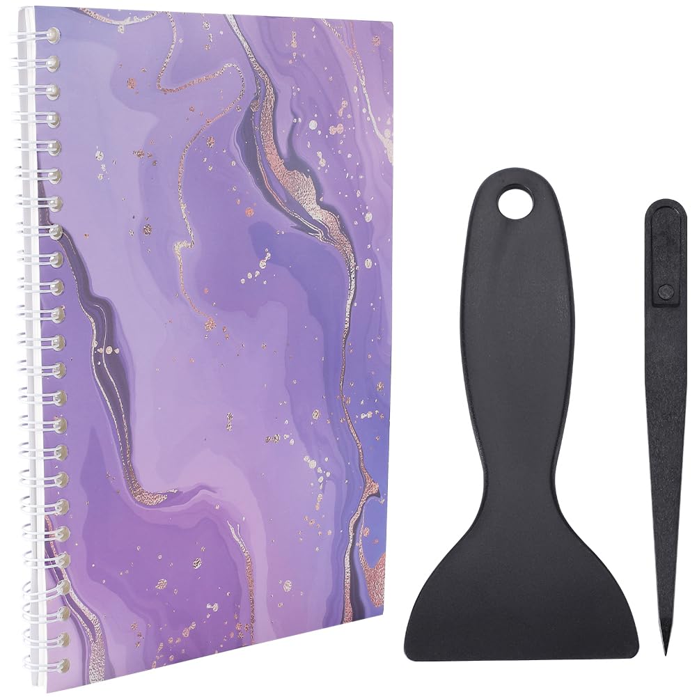 CRASPIRE 32 Pages Sticker Collecting Album Book A5 Spiral Bound Notebook Medium Purple Reusable Sticker Storage Book Notepads Labels with Plastic Spatula and Anti-Static Beading Tweezer for Collection