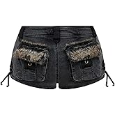 WDIRARA Women's Fuzzy Low Rise Denim Shorts Lace Up Vintage Mini Jean Shorts Streetwear