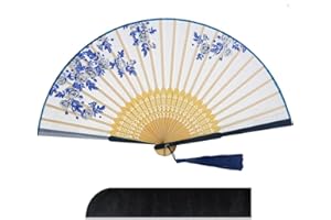 Raveahem Folding Silk Bamboo Hand Fan for men/women Chinese/Japanese Craft Handheld Fan for Gift,Dance,Festival,Club,Freaky,Event,Party,Decoration (Blue Flowers Pattern)